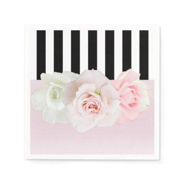 Black & White Stripes Pink Roses Bridal Shower Napkins
