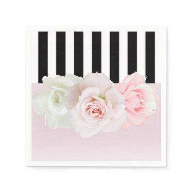Black & White Stripes Pink Roses  Napkins