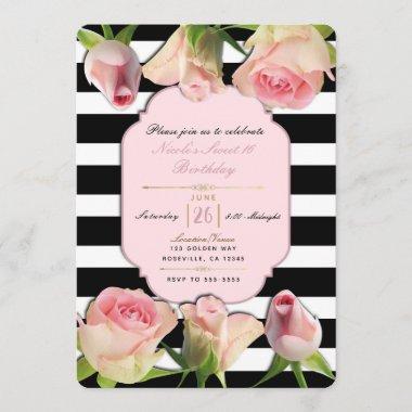 Black & White Stripes Pink Roses Floral Chic Invitations