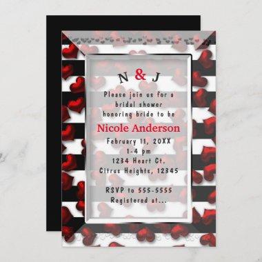 Black White Stripes & Red Hearts Bridal Shower Invitations