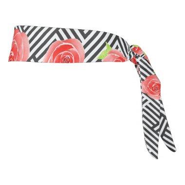 Black White Stripes Red Roses Floral Tie Headband
