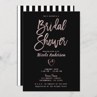 Black White Stripes Rose Gold Pink Bridal Shower  Invitations