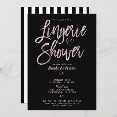 Black White Stripes Rose Gold Pink Lingerie Shower Invitations