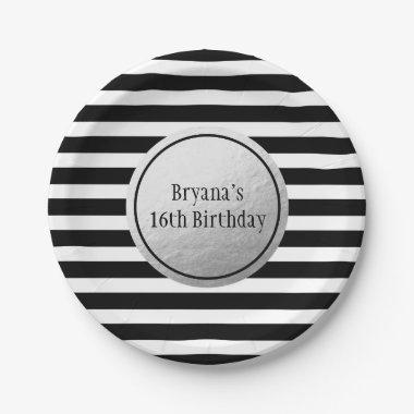 Black & White Stripes Silver Faux Foil Party Paper Plates