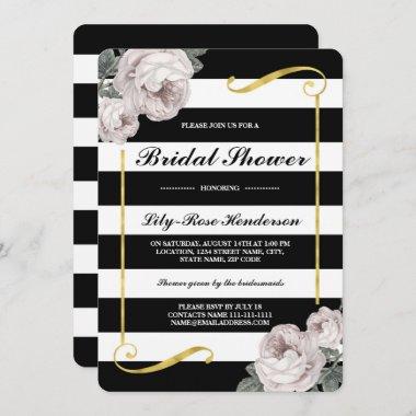 Black White Stripes | Vintage Floral Bridal Shower Invitations