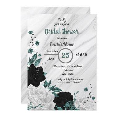 Black white & teal blue floral bridal shower Invitations