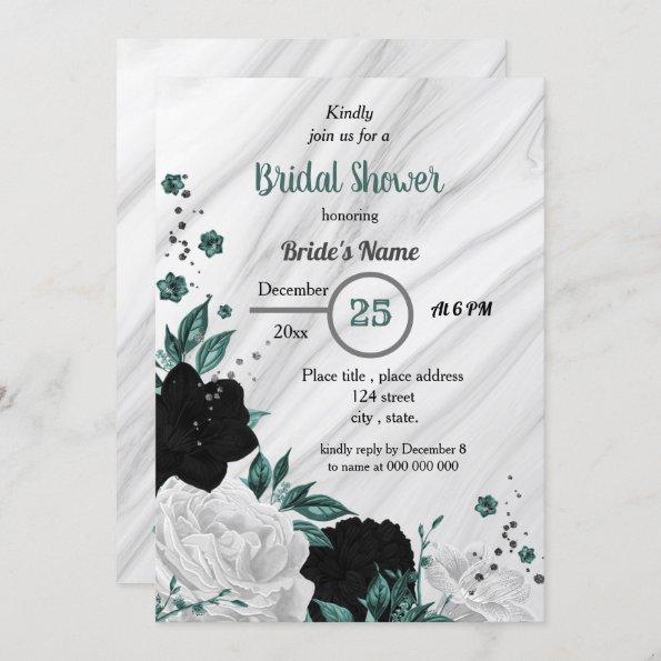 Black white & teal blue floral bridal shower Invitations