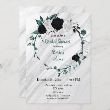 Black white teal blue wreath bridal shower Invitations