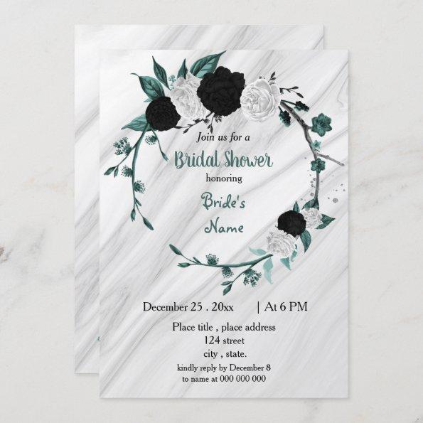 Black white teal blue wreath bridal shower Invitations