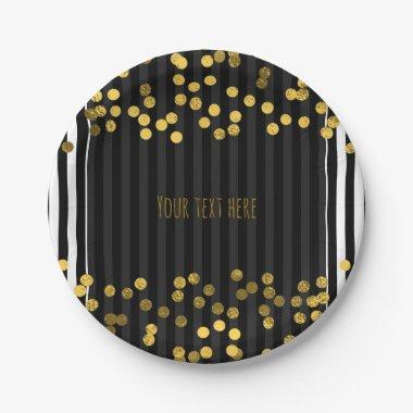 Black & White Vertical Stripes Gold Faux Foil Dots Paper Plates