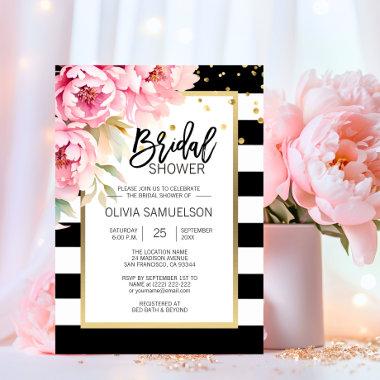 Black White Watercolor Pink Floral Bridal Shower Invitations