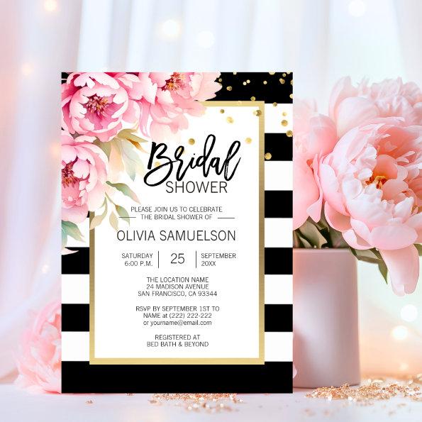 Black White Watercolor Pink Floral Bridal Shower Invitations