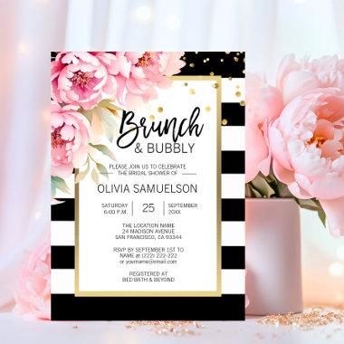 Black White Watercolor Pink Floral Brunch & Bubbly Invitations