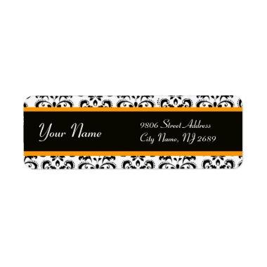 BLACK WHITE YELLOW ORANGE DAMASK LABEL