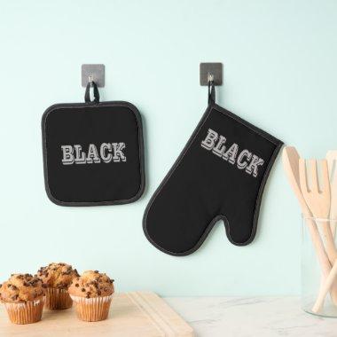 Black With Gray Text On Black Solid Color Oven Mitt & Pot Holder Set
