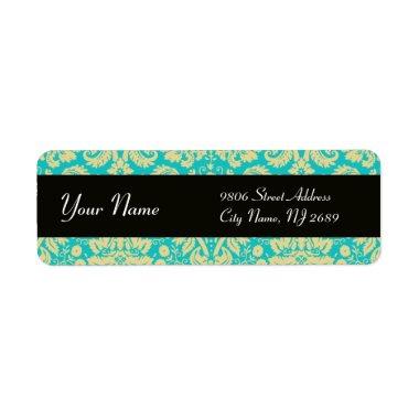 BLACK YELLOW AQUA BLUE TEAL DAMASK LABEL