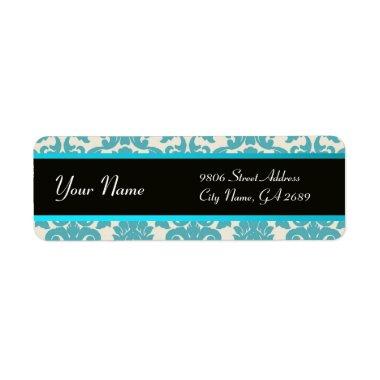 BLACK YELLOW AQUA BLUE TEAL DAMASK LABEL