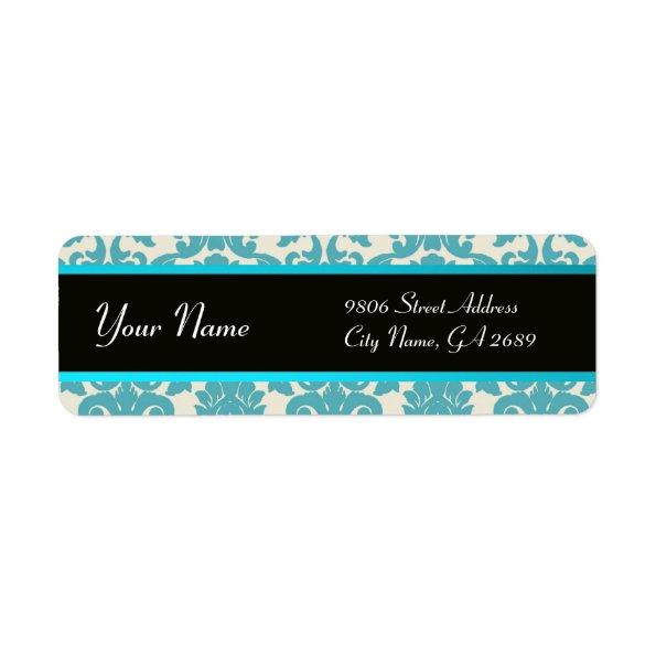 BLACK YELLOW AQUA BLUE TEAL DAMASK LABEL