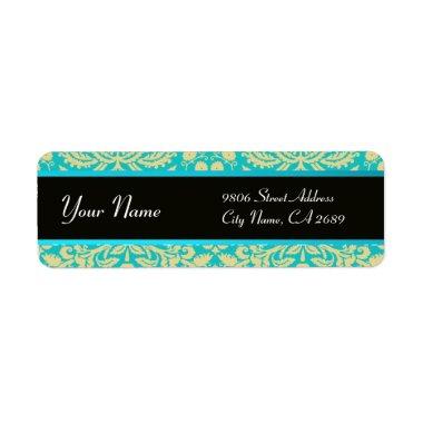 BLACK YELLOW AQUA BLUE TEAL DAMASK LABEL