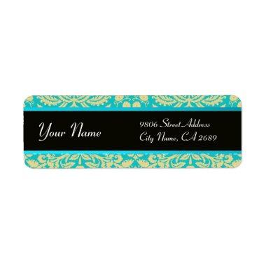 BLACK YELLOW AQUA BLUE TEAL DAMASK LABEL