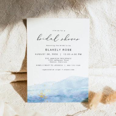 BLAKELY Ocean Blue Watercolor Gold Bridal Shower Invitations