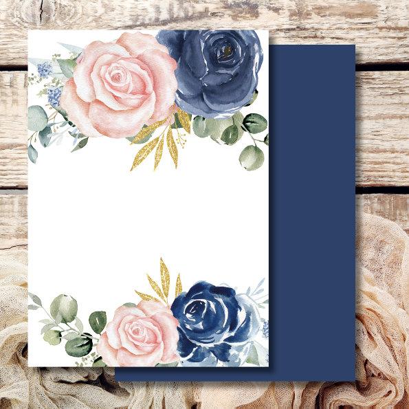 Blank Add Your Own Text Navy blue blush pink flora Invitations