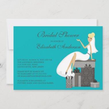 Blonde Bride Bridal Shower Invitations Turquoise