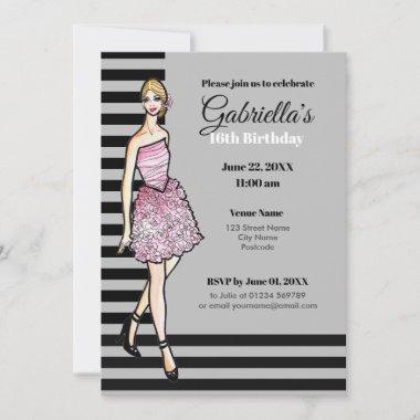 Blonde Girl with Pink Roses Cocktail Dress Invitations