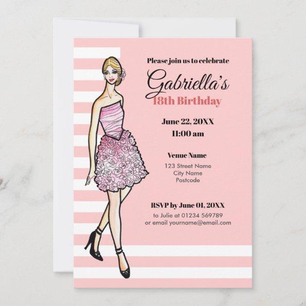 Blonde Girl with Pink Roses Cocktail Dress Invitations