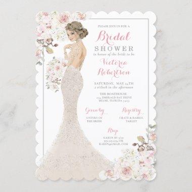 Blonde Glam Bride in Gown Bridal Shower Invitations