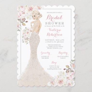 Blonde Glam Bride in Gown Bridal Shower Invitations