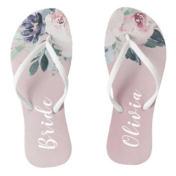 Blooming botanical blush floral Personalized bride Flip Flops