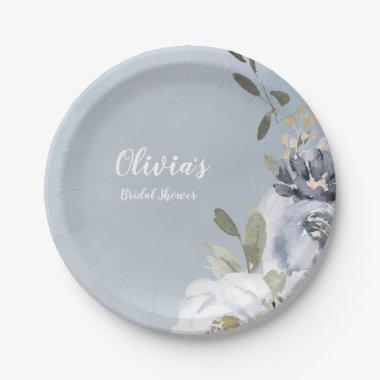 Blooming botanical dusty blue floral bridal shower paper plates