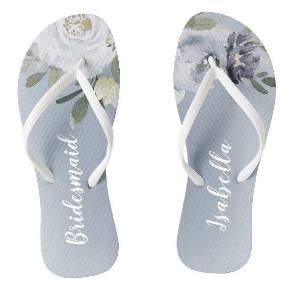 Blooming botanical dusty blue floral bridesmaid flip flops