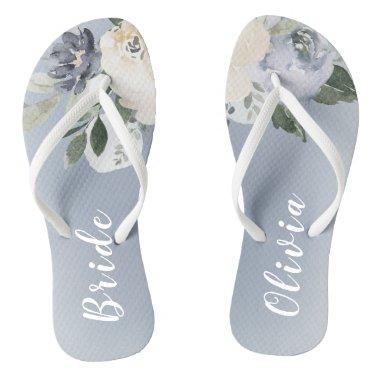 Blooming botanical dusty blue personalized bride flip flops