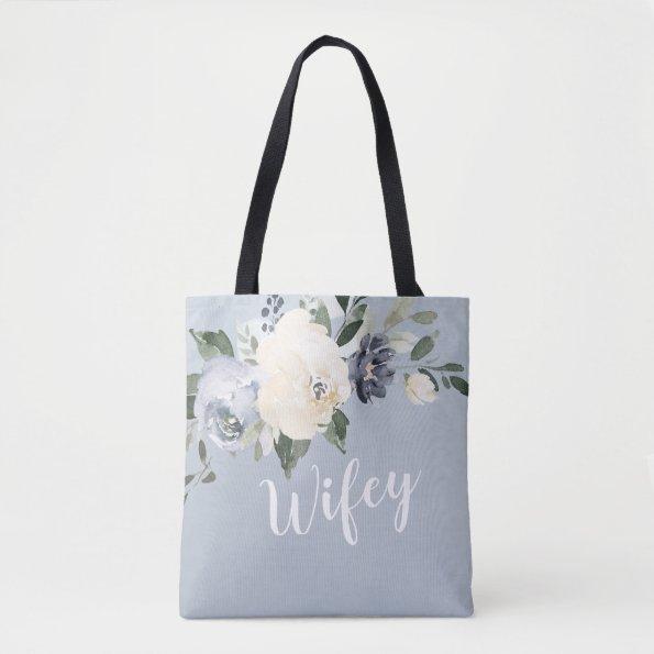 Blooming botanical dusty blue personalized wifey tote bag