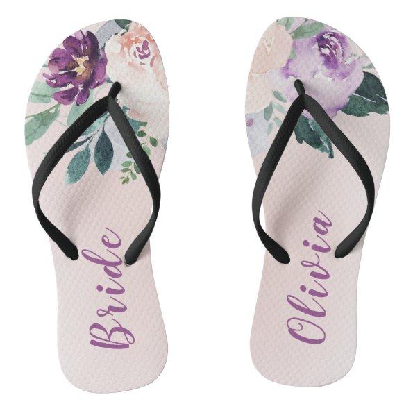 Blooming botanical purple personalized bride flip flops