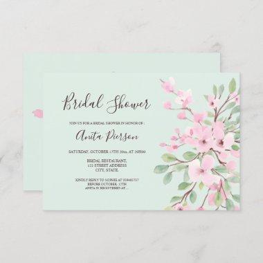 Blossom pink green floral watercolor bridal shower Invitations
