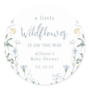 Blue A Little Wildflower Rustic Boho Baby Shower Classic Round Sticker