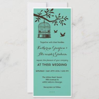 Blue and Brown Bird Cage Wedding Invitations