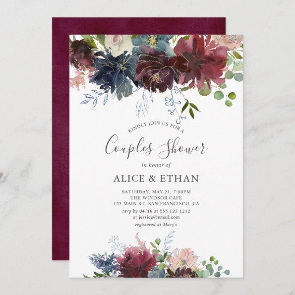 Blue And Burgundy Watercolor Floral Couples Shower Invitations