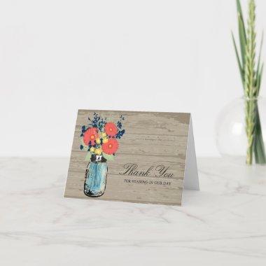 Blue and Coral Garden Mason Jar Wood | Wedding Thank You Invitations