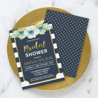 Blue and Faux Gold Floral Bridal Shower Invitations