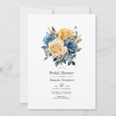 Blue and Gold Floral Bridal Shower Invitations
