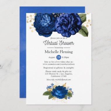 Blue and Gold Floral Virtual Baby or Bridal Shower Invitations