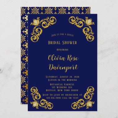 Blue and Gold Royal Crown Damask Bridal Shower Invitations