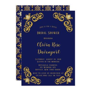 Blue and Gold Royal Crown Damask