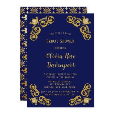 Blue and Gold Royal Crown Damask Bridal Shower Invitations