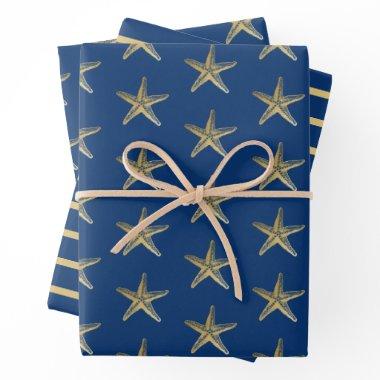 Blue and Gold Starfish Nautical Stripe Wrapping Paper Sheets