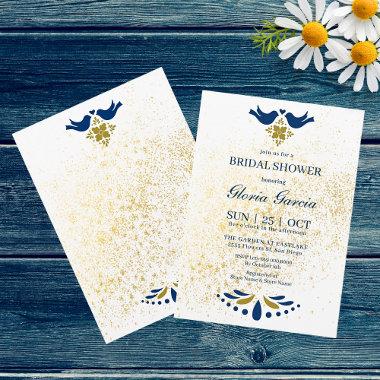 Blue And Golden Love Birds Mexican Bridal Shower Invitations